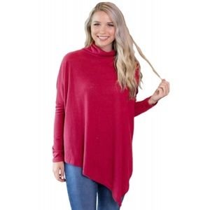 Red Soft Faux Poncho High Neck Sweater